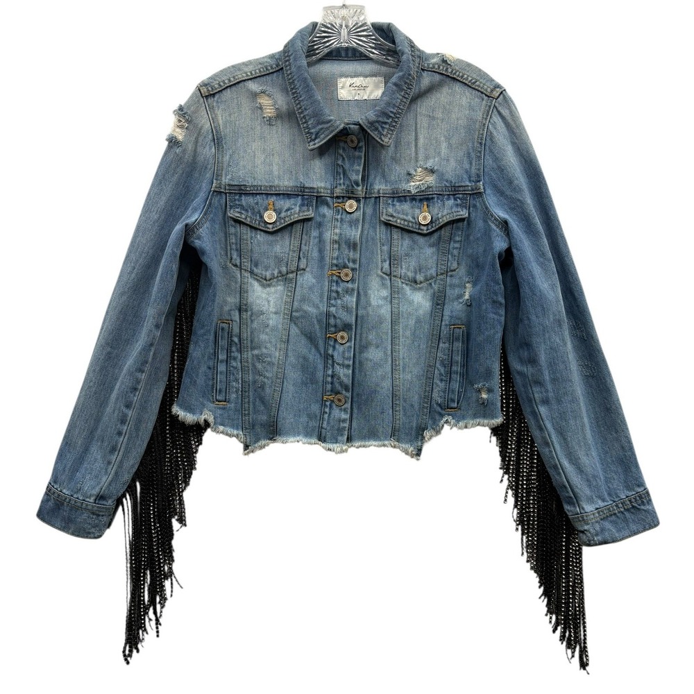 KanCan Rhinestone Fringe Denim Jacket Cropped Distressed Festival Statement M